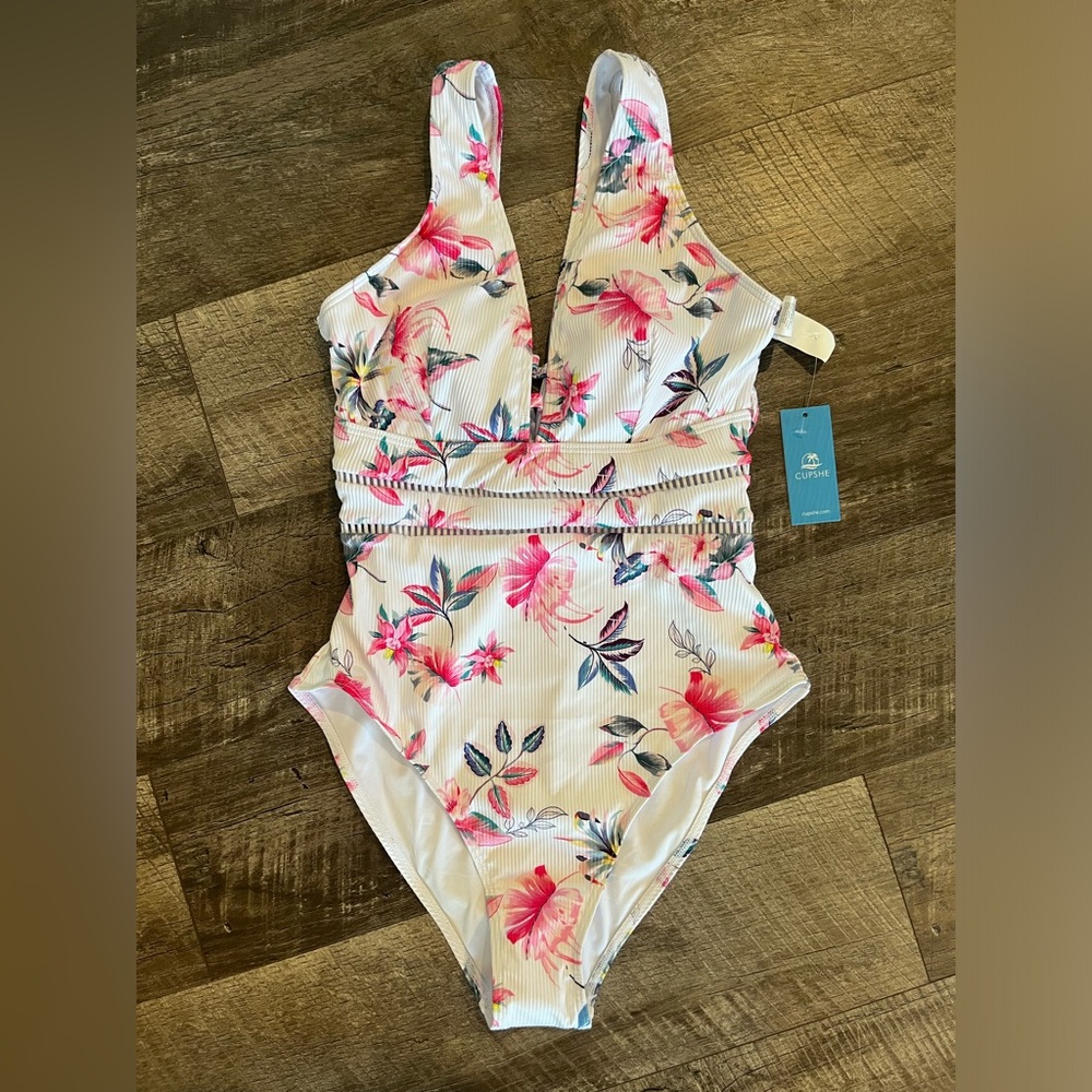 Cupshe White One-Piece Swimsuit with Pink Floral Print